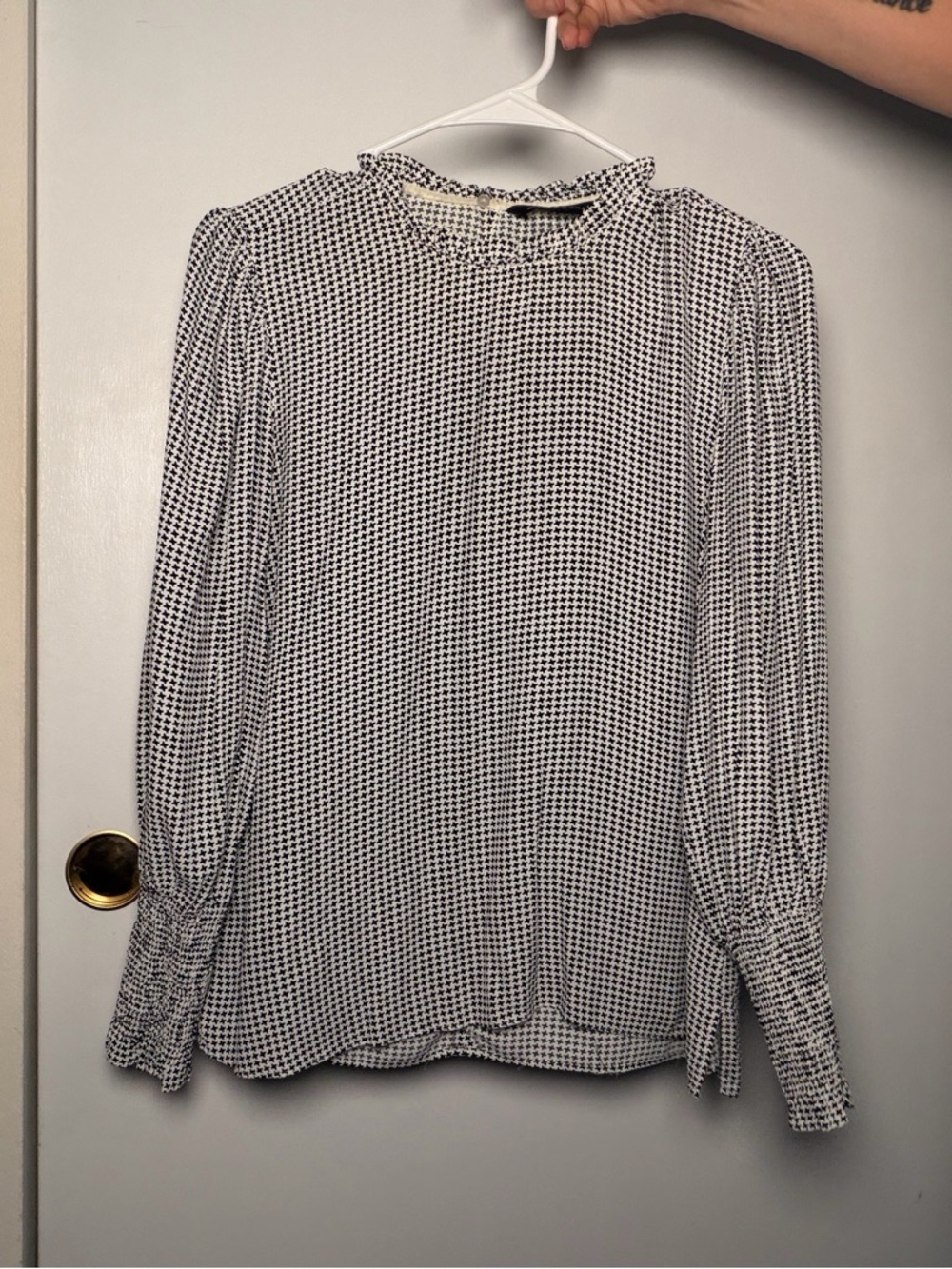 Zara Black and White Micro-Pattern Long-Sleeve Blouse